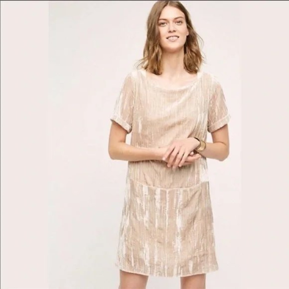 Anthropologie Floreat Crushed Velvet Tunic Dress Champagne Beige XS Short Sleeve
